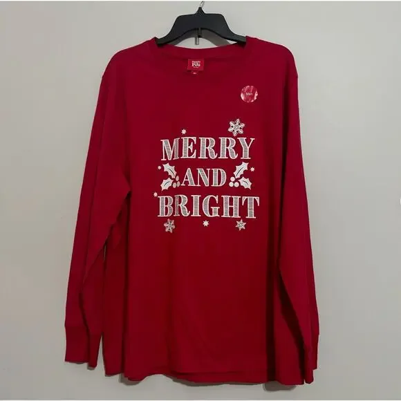 Macys Pajama Set Mens Medium Red MERRY AND BRIGHT Holiday Festive Lounge Comfy - Picture 3 of 9